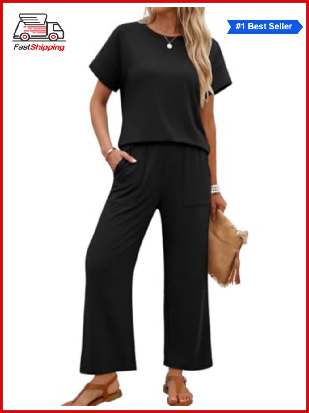 ✨Two Piece Set Cap Short Sleeve Wide Leg Pants Travel Vacation Lounge